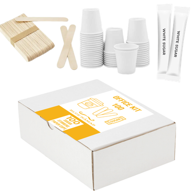 Office kit eco | 100 хартиени чаши, 100 дрвени лажички и 100 шеќерчиња