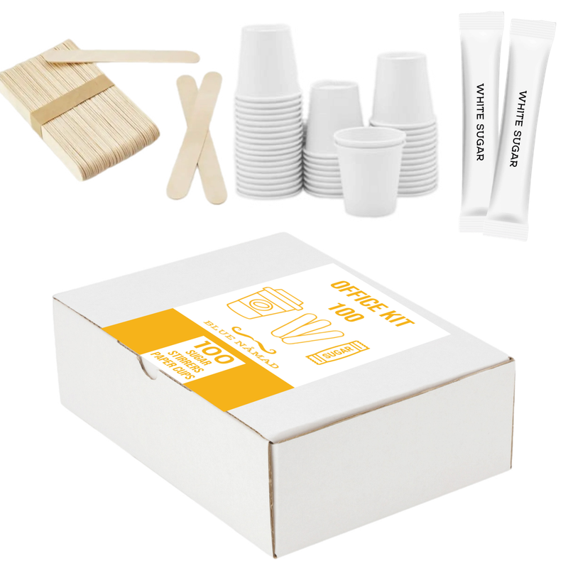 Office kit eco | 100 хартиени чаши, 100 дрвени лажички и 100 шеќерчиња