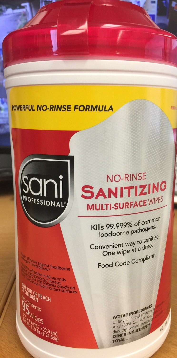 Sani Professional No-Rince Sanitizing Wipes 95 Wipes Per Canister (sold individually) Sani Professional No-Rince Sanitizing Wipes 95 Wipes Per Canister (sold individually)