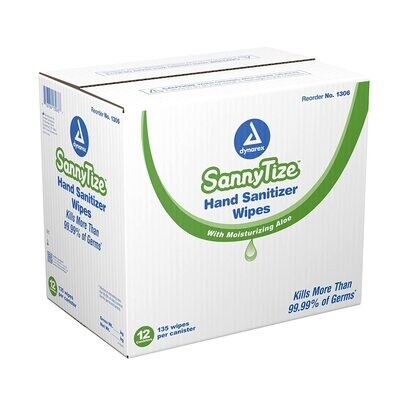 SannyTize Instant Hand Sanitizer Wipes dynarex 1306 Case pf 12 canisters 135 wipes per canister