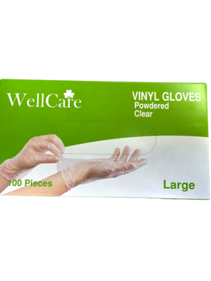WELLCARE VINYL GLOVES POWDERED CLEAR