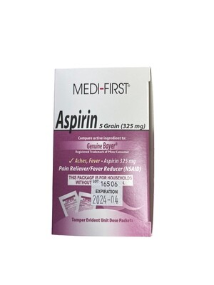 Medi-First Aspirin 2 er pack- 50 packs/box 325 mg Part # 80533