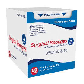 Dynarex 3322 Surgical Gauze Sponge Sterile 2" x 2" 8 Ply 50/Box. Safety NJ
