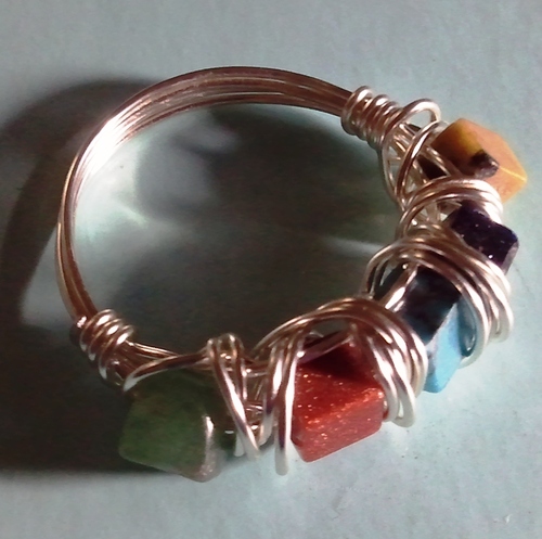 Just Reduced! Wire Wrapped Multi Gemstone Beads Ring- Rainbow Squares