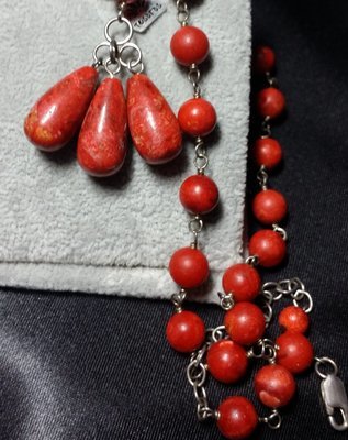 Just Reduced!Red Coral Gemstones Beads Necklace with Pendant Drop in Antique Sterling Silver