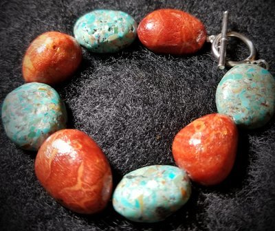 Free Shipping and Just Reduced! Chunky Turquoise and Coral Gemstones in Sterling Silver Bracelet