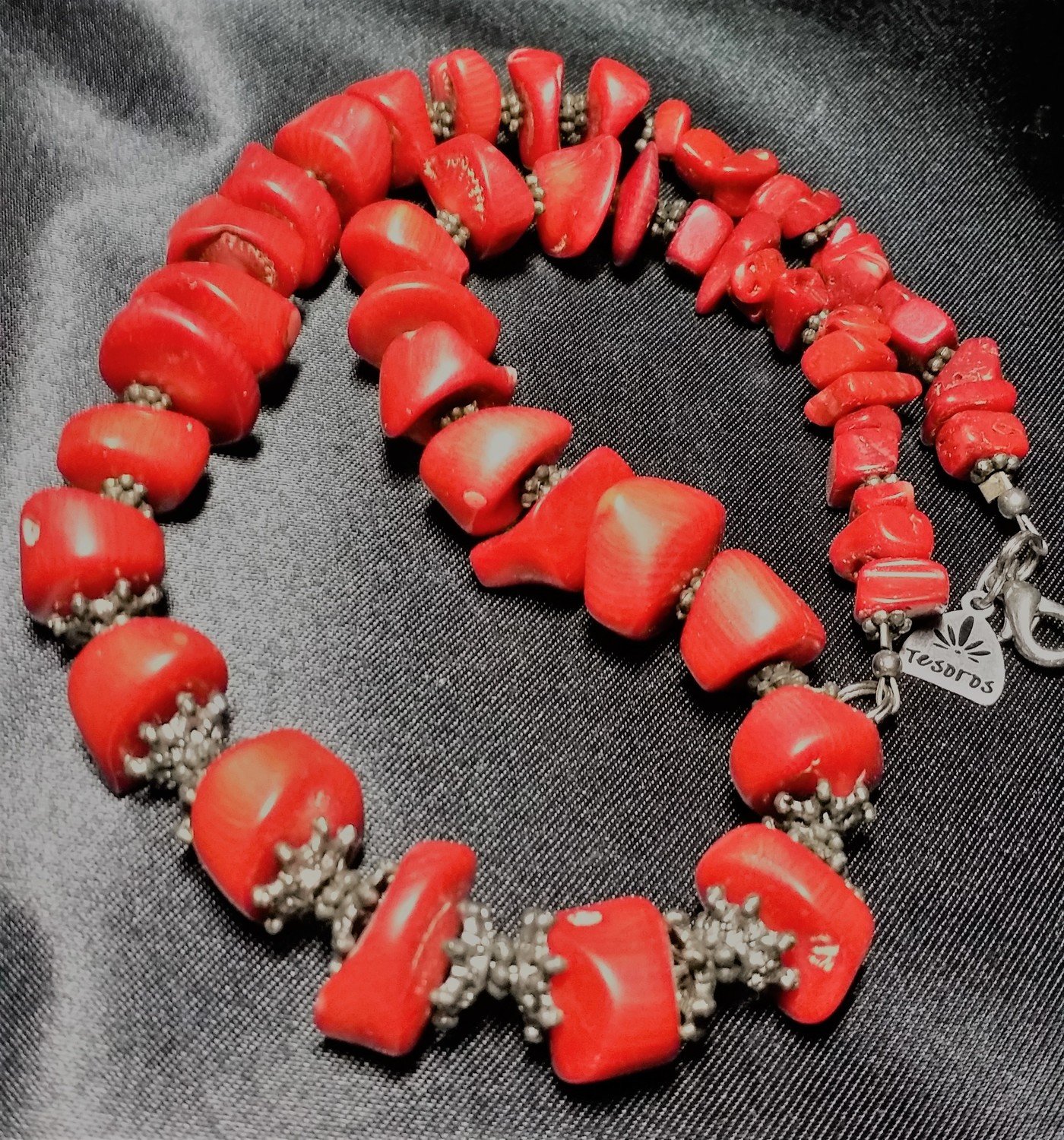 Just Reduced!Red Coral Gemstone Beads Necklace with Antique Bali Silver