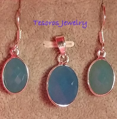 Free Shipping! Blue Chalcedony Semi-precious Gemstones Earrings & Pendant Set
