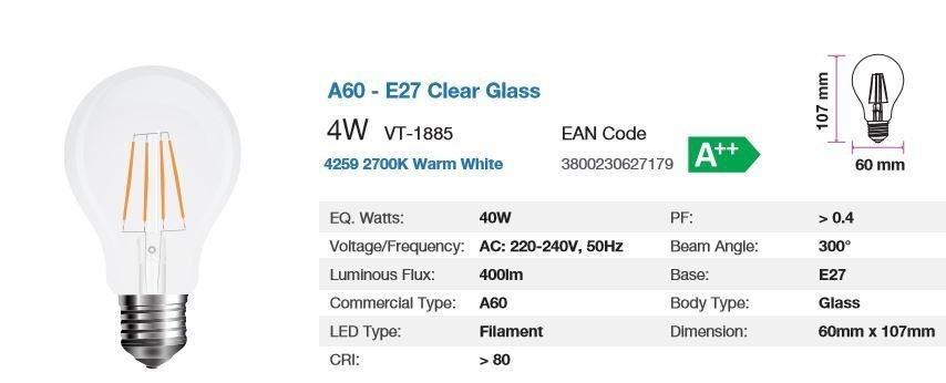 V-TAC LED E27 4WATT 2700K A60 FILAMENT BULB