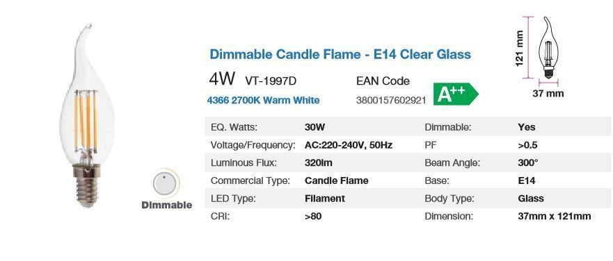 V-TAC E14 CANDLE FILAMENT 4WATT 2700K DIMMABLE