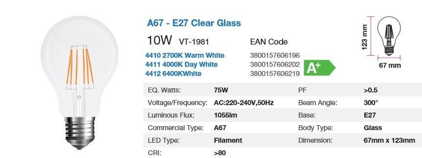 V-TAC LED E27 10WATT 2700K FILAMENT BULB