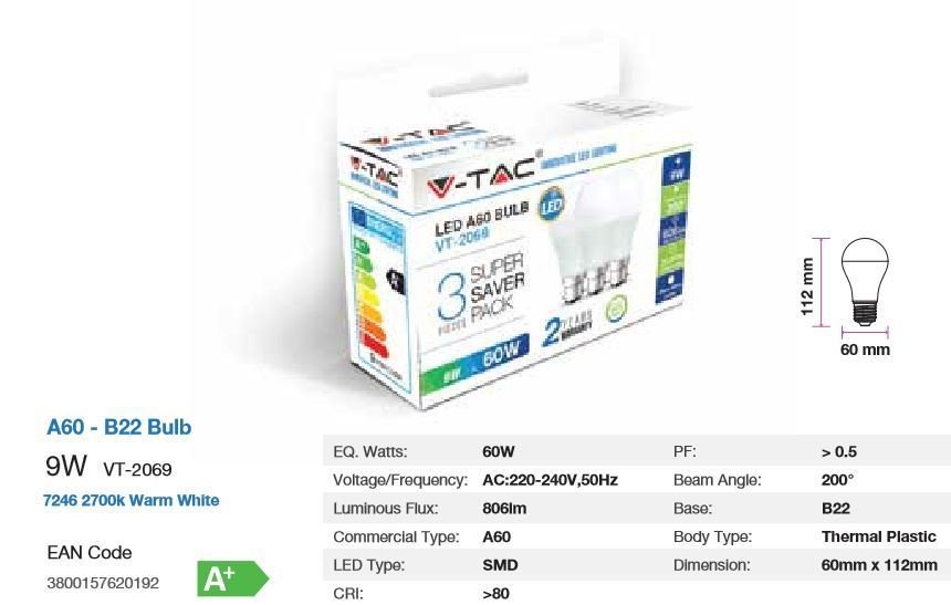 V-TAC LED B22 9WATT 2700K  TRI-PACK BULBS