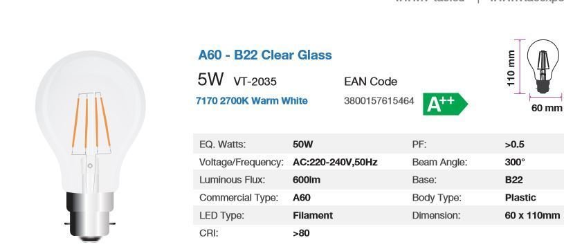 V-TAC LED B22 5WATT 2700K FILAMENT BULB