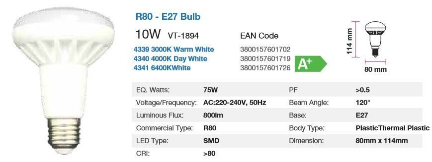 V-TAC R80 10WATT 3000K REFLECTOR BULB