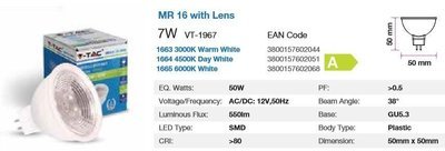 MR16  7WATT  6400K COOL WHITE  AC/DC 12V DIMABLE