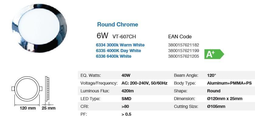 LED DOWNLIGHT 6WATT 3000K CHROME