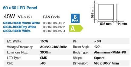 600X600 LED PANEL 45WATT 4000K 3600Lm