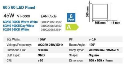 600X600 LED PANEL 45WATT 4000K 3600Lm