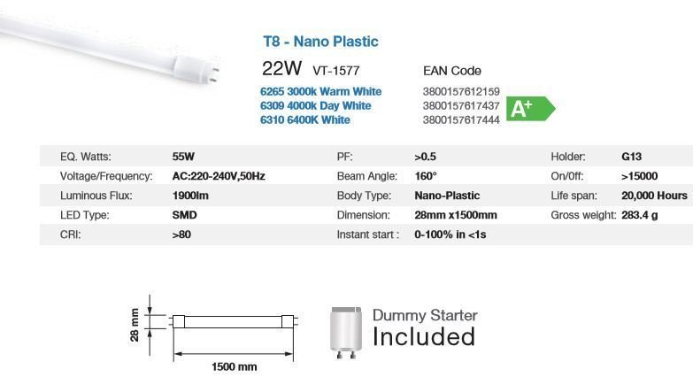 LED 4000K  T8 TUBE 22WATT 150cm