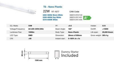 LED 4000K  T8 TUBE 22WATT 150cm