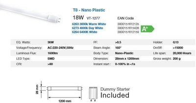 LED 4000K  T8 TUBE 18WATT 120cm