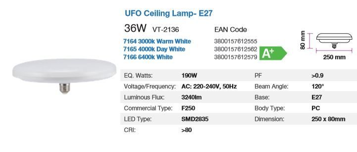 V-TAC LED UFO CEILING LAMP E27 36WATT 6000K non dim