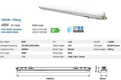 TRI-PROOF LED FITTING 48WATT  IP65 4000K DAY WHITE