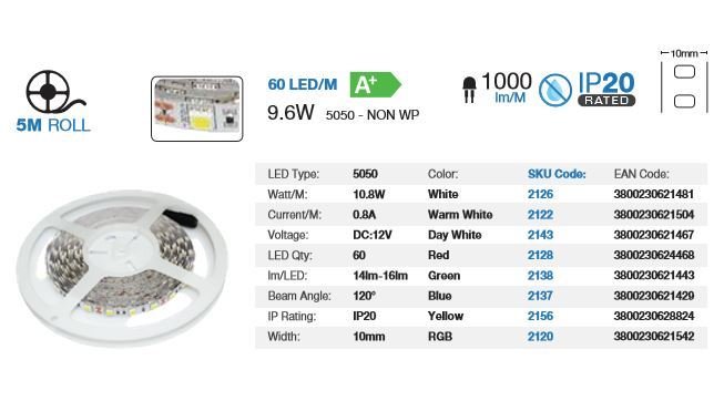 COMMERCIAL RGB LED STRIPLIGHT 5050/60 IP20 5 METERS 12V