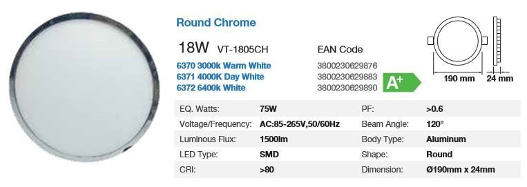 SURFACE LED ROUND CHROME LIGHT 18WATT 6400K IP20 cool white