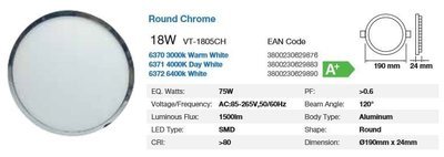 SURFACE LED ROUND CHROME LIGHT 18WATT 6400K IP20 cool white