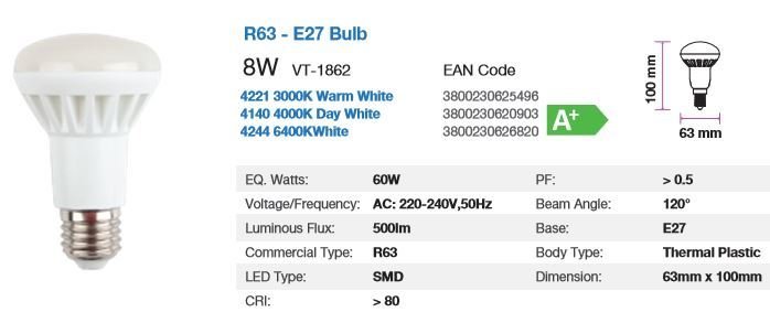 R63 LED BULB 8 WATT DAY WHITE 500Lm 4000K