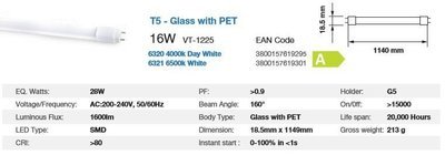 T5 LED TUBE G5, 18.5x1149mm 6400K 16 WATT
