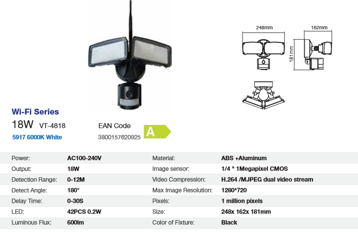 18 WATT LED SECURITY LIGHT WITH Wi-Fi CAMERA