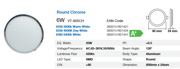 SURFACE LED ROUND CHROME LIGHT 6 WATT 3000K IP20 WARM WHITE