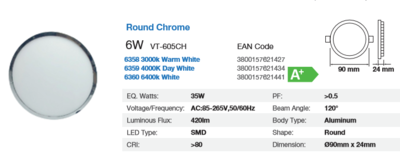 SURFACE LED ROUND CHROME LIGHT 6 WATT 3000K IP20 WARM WHITE