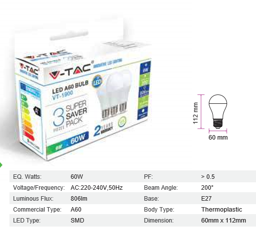 V-TAC LED E27 9WATT   TRI-PACK BULBS