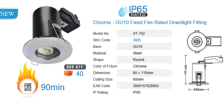 FIRE RATED WATERPROOF GU10 FITTING CHROME