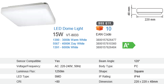 15 WATT BATHROOM CEILING LIGHT IP44  4000K SQUARE