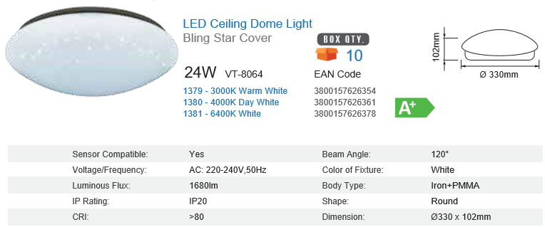 24 WATT CEILING LIGHT WITH BLING STAR COVER DAY WHITE 6000K IP20