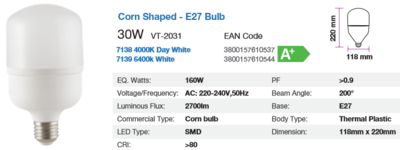 30 WATT E27 BULB 4500K 2700Lm ES