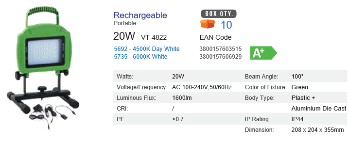 RECHARGEABLE 20 WATT FLOODLIGHT 6000K IP44
