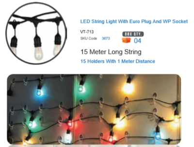15 METER LONG LIGHT STRING E27 WATERPROOF FOR 15 BULBS