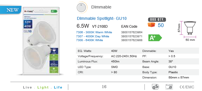 DIMMABLE GU10 6.5 WATT COOL  WHITE 2PACK