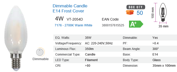 LED E14 CANDLE FILAMENT 4 WATT DIMMABLE FROSTED WARM WHITE