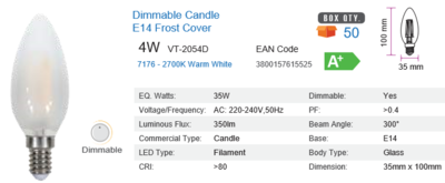 LED E14 CANDLE FILAMENT 4 WATT DIMMABLE FROSTED WARM WHITE