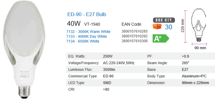 LED BULB E27 4000K  40WATT