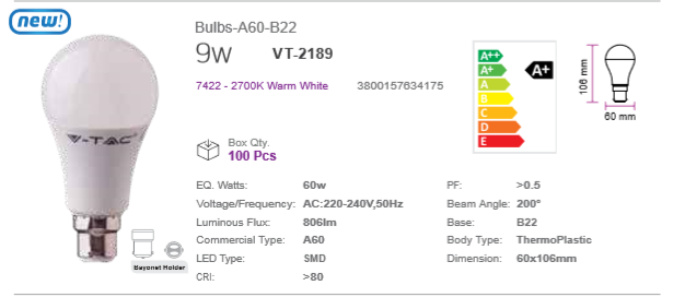 9 WATT LED BULB B22 WARM WHITE
