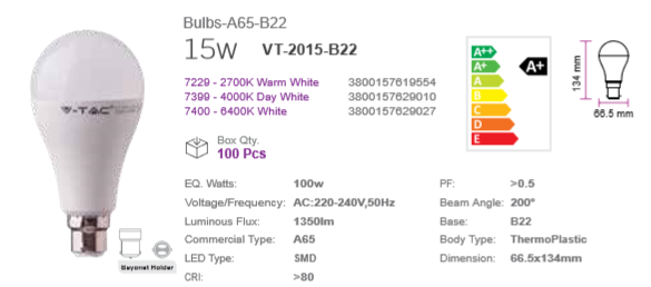 15 WATT LED BULB B22 COOL WHITE 6000K