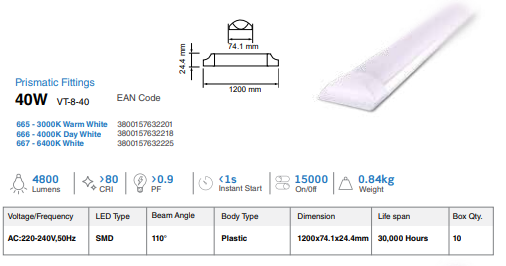 PRISMATIC LED FITTING 120cm 4800Lm