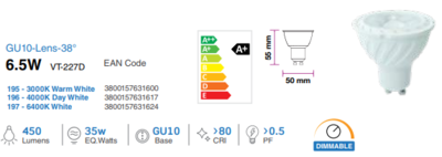 LED GU10 6.5WATT DIMMABLE SAMSUNG CHIP WARM WHITE 3000K